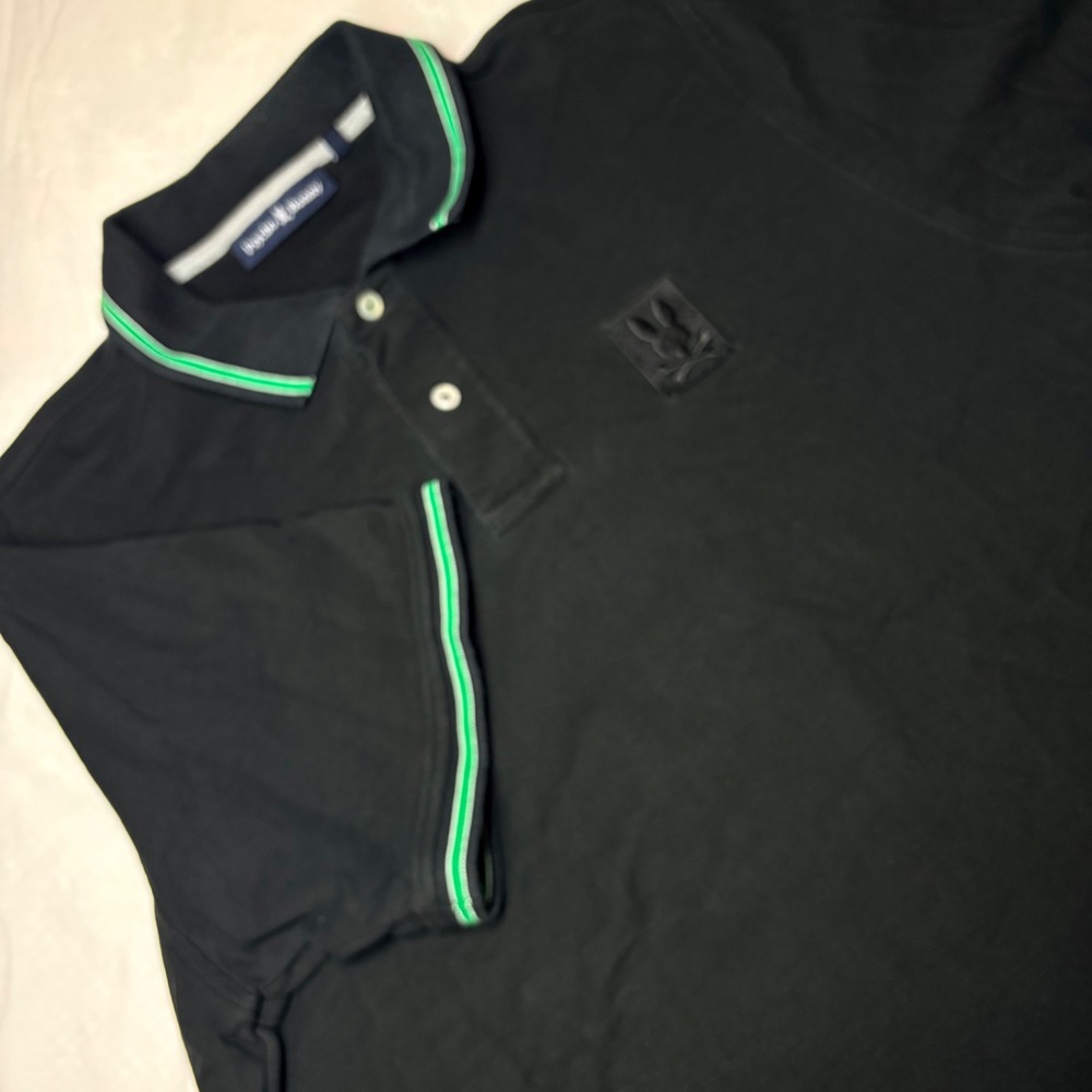Psycho Bunny Mens Black Pima Cotton Short Sleeve Polo Shirt Green Trim Size 8